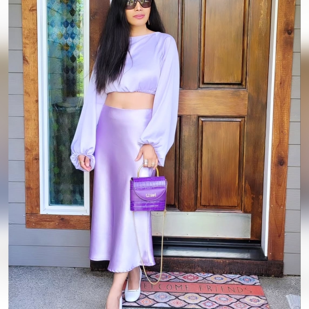 Lavender Satin Midi Skirt Sets